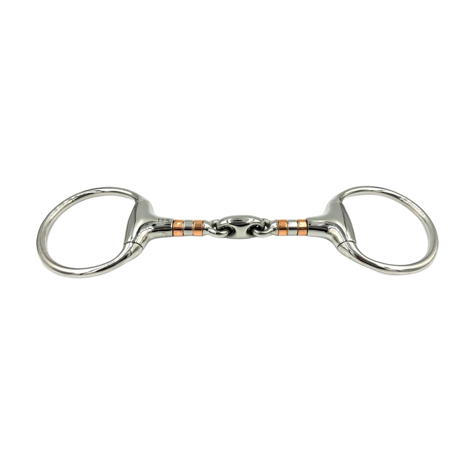 ES0086 Gebiss Olivenkopfgebiss Olivenkopftrense Doppelt Gebrochen mit beschichteter Kupferrolle aus Edelstahl Ringdurchmesser 70 mm Gebissstärke 21 mm (12.5 cm)