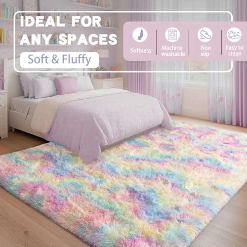 Fluffy Colorful Rainbow Rug 5 x 7, Plush Area Rugs for Bedroom Living Room, Large Fuzzy Carpet for Girls Kids Nursery Room Dorm, Non-Slip & Soft Shag Rug for Home Decor