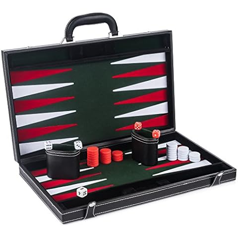 Smart Tactics Premium Backgammon Set - Large 17'' Wood & PU Leather Folding Backgammon Board Game - Green / White / Red Felt Interior - Includes Dice Cups, Doubling Cube & Instruction Manual Cover