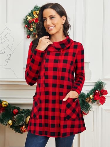 Bulotus Fall Sweaters for Women 2025 Cowl Neck Asymmetrical Long Tunics for Leggings Vacation Travel Tops with Pockets