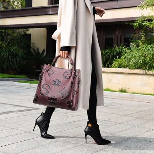 Image of Travistar Floral Handbags Purses Women - Embossed Vegan Leather Top Handle Handbag Set Large Shoulder Bag Ladies Bucket Tote