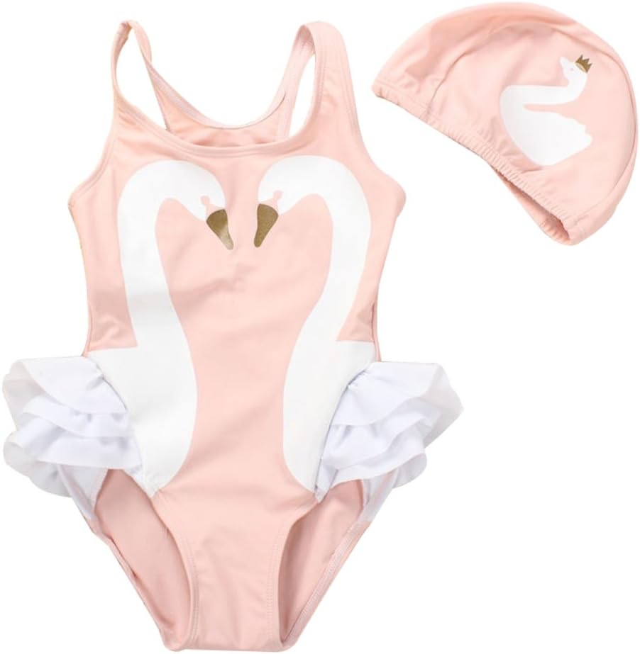 LOSORN ZPY Baby Girl Swimsuit Cute One Piece Swimwear Swim Hat Toddler Kid swan L