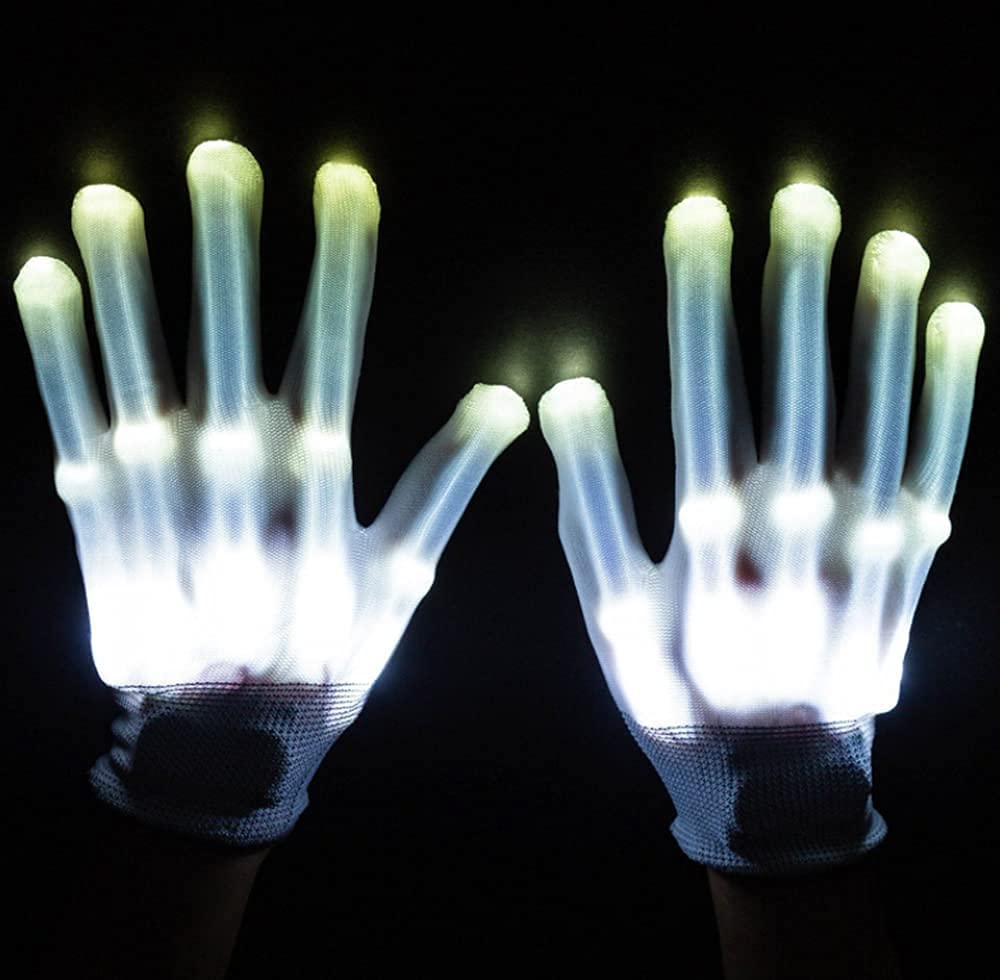 AZHU LED Gloves,Light Up Hand Gloves Halloween Gloves Flashing Fingers Rave Gloves 3 Modes Glow Festivals/ Halloween/ Christmas/ Bonfire Night/ Games Small Size Kids 5-13 yrs v (White),9.1in/5.0in