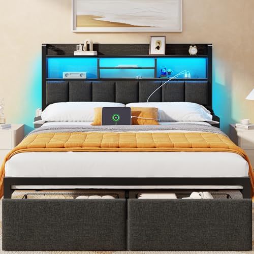 Furnulem Full Size Bed Frame with Upholstered Headboard, Bed Frame Full with Storage Drawers...