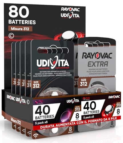 80 Batterie Per Apparecchi Acustici Auricolari Misura 312 PR41 (Marroni) 10 Blister da 8 Pile Tecnologia Phono Pulse - 80 Pile: 40 Rayovac + 40 Udivita