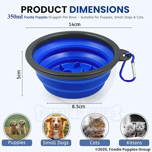 Image of Foodie Puppies Collapsible Slow Feeding Silicone Foldable Bowl for Small Dogs & Puppies - (Sluggish Bowl, 350ml) (Pack of 2), Pet Feeding Watering Dish for Walking, Traveling with Carabiners