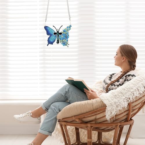 Image of DIY 5D Diamond Painting Hanging Kit, Blue Butterfly Cross Faith Acrylic Pendant Ornament, Religious Special Shaped Diamond Art for Adults, Wall, Door, or Garden Decor Craft Gift
