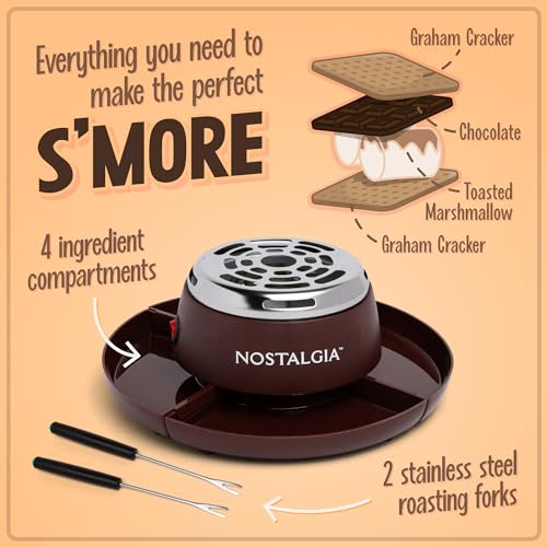 Nostalgia Tabletop Indoor Electric S'mores Maker - Smores Kit With Marshmallow Roasting Sticks and 4 Trays for Graham Crackers, Chocolate, and Marshmallows - Movie Night Supplies - Brown