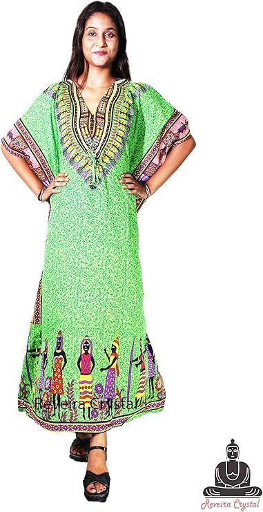 Women's Kaftan Maxi Dress, Green African Print, V-Neck Batwing Sleeves, Plus Size Beach Cover Up, 100% Polyster - Image 6