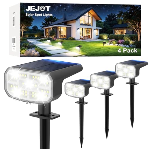 JEJOT Solar Spot Lights Outdoor Waterproof IP65,4 Pack,Cool Light,2 Lighting Modes Selectable, Solar Powered Yard Garden Solar Spot Lights for Outside Landscape Auto On/Off