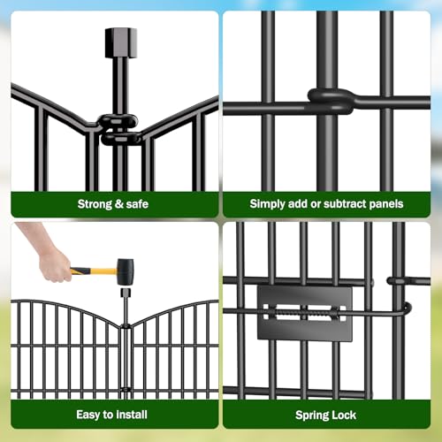 Image of 10 Panels No Dig Decorative Garden Fence with Gate - 48 in (H) x 22.6 ft (L), Dog Fence Outdoor for Yard, Rustproof Metal Animal Barrier Ground Stakes Fencing for Garden, Patio, Flower Bed
