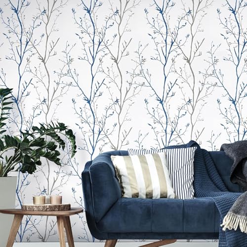 Image of FOKRIM White and Blue Tree Wallpaper, 45x300 cm, Removable & Waterproof, Self-Adhesive Wall Decals for Living Room, Bedroom, Office, and Home Decoration