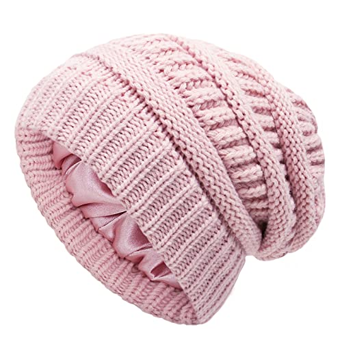 Cicitoywo Winter Beanie Hat For Women, Hair Protection Hat Cable Knit Soft Beanies Cap Satin Lined Thick Acrylic Beanie Warm Slouchy Hat Snow Hats For Women Daily Hat Unisex Skiing Beanies(Pink) #TOP10