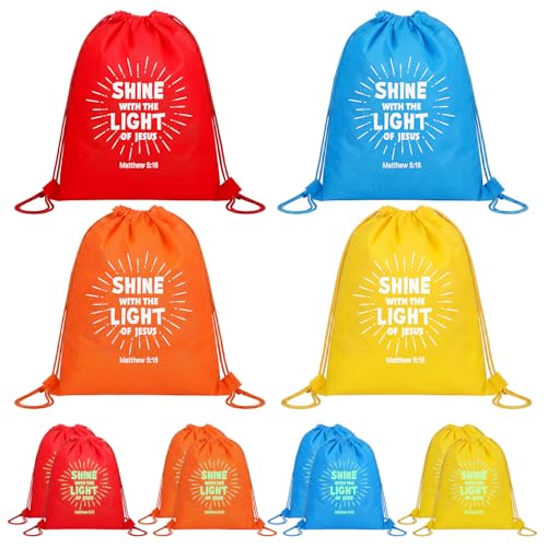Image of 12 Pcs Shine with The Light of Jesus Drawstring Backpacks Bulk