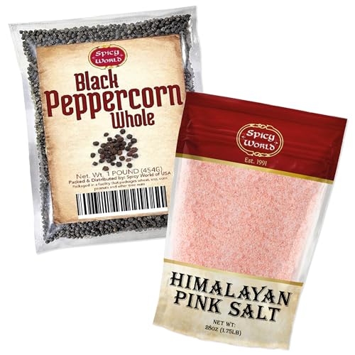 Spicy World Whole Black Peppercorns 16 Oz + Himalayan Pink Salt Fine 1.75 LB (28 Oz)