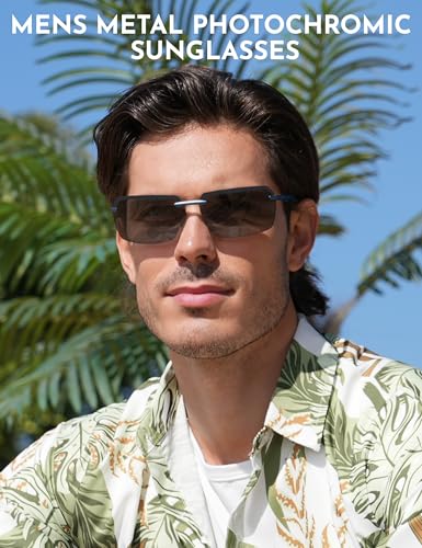 Image of BIRCEN Mens Metal Photochromic Sunglasses: UV Protection Al-Mg Sun Glasses Ultra-light Rimless Shades for Driving Cycling