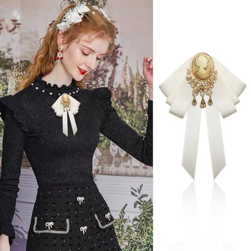 Image of Retro Court style Crystal Ribbon Bow Tie Brooch Pins for Women Girls Victorian Cameo Bow Brooch Pre-Tied Bowknot Corsage Collar accessory