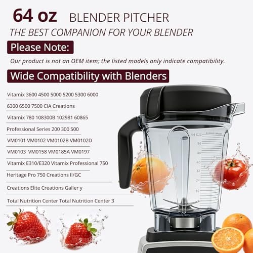 64oz Low-Profile Blender Pitcher Container, Compatible with Vitamix 5200 750 7500 6300 VM0102 VM0103 VM0197 E310 Classic/Explorian/Commercial Series, BPA-Free, Replacement Jar Cup - 1