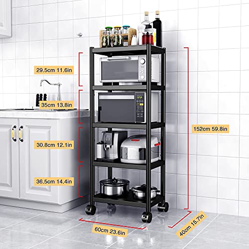 WPT Scaffale in acciaio inossidabile, portaoggetti per cucina con supporto per microonde e carrello su ruote, organizer regolabile a 5 ripiani, nero - immagine 3