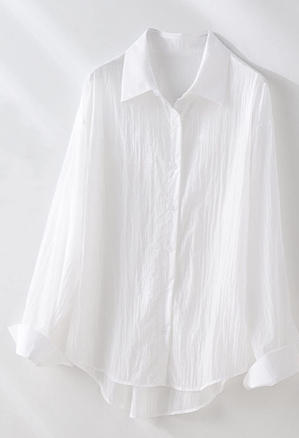 Damen-Hemd Mit Knopfleiste,Damen Plissee Elegantes Revers Oberteile Hemd Durchscheinend Weiß Lose Fließend Satin Tunika Hemd Langarm Chiffon Bluse Hemd Lässige Büro Business Bluse Für Mädchen Damen