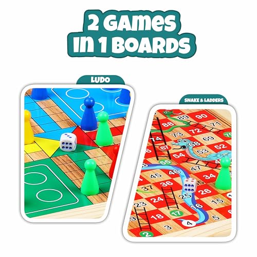 Image of ToyAffair 2 in 1 Wooden Ludo and Snakes Ladders Board Game (31 x 31 cm) Double Sided Family Strategy Game Set for Kids and Adults Age 6 + 2 to 4 Players Indoor Travel Board Game