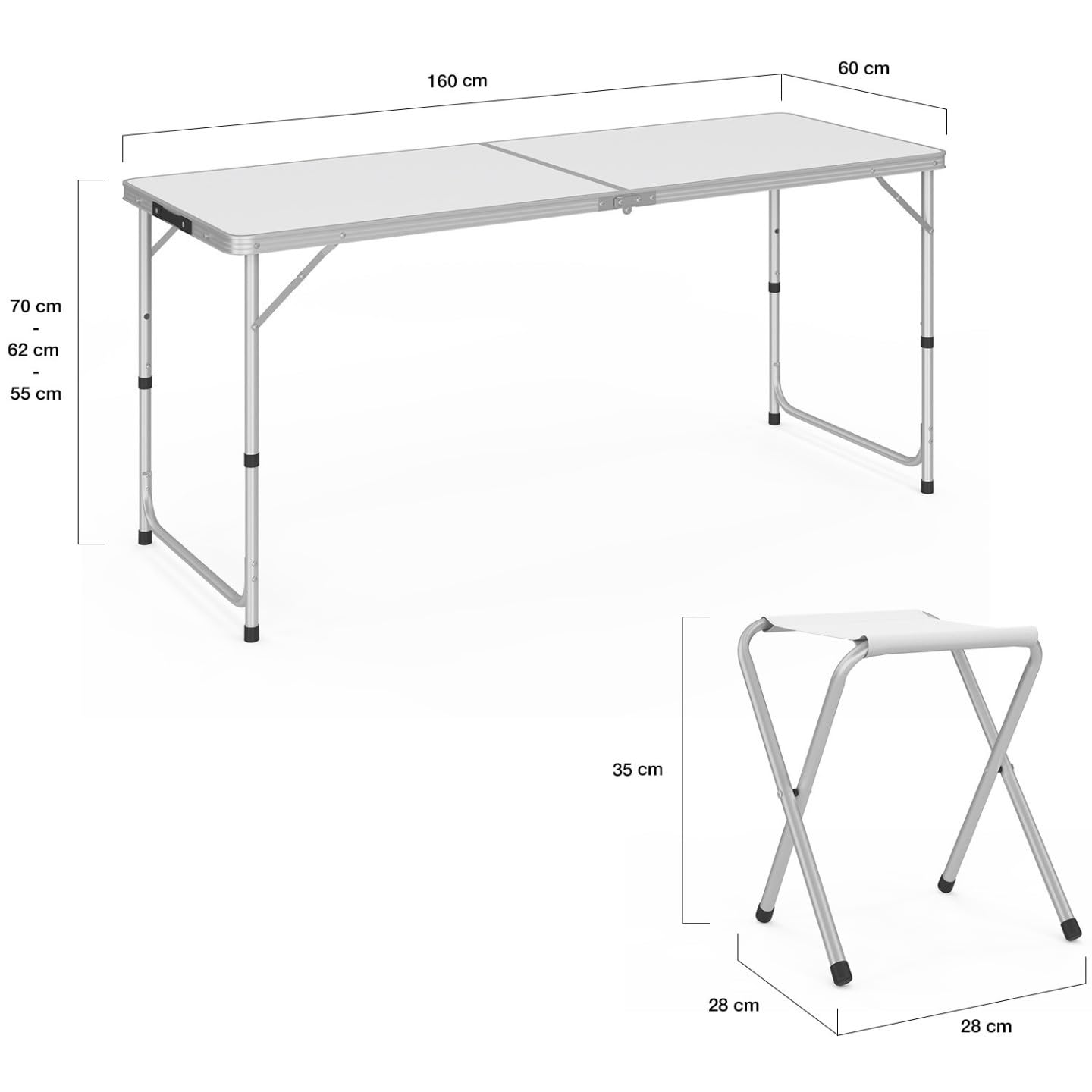 IDMarket - Table de Camping Pliante d'appoint 160 cm réglable en Hauteur 6 tabourets Blancs