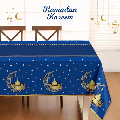 Image of Childom 3 Pack Ramadan Table Cloth,Ramadan Decorations for Home,54 inch x 108 inch Eid Mubarak Decorations,Eid Ramadan Tablecloths Rectangular,Blue Plastic Table Cloth Disposable Table Cover for Party Favors