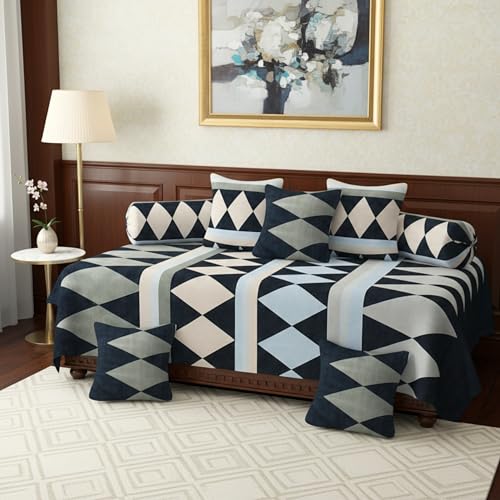 Image of Diwan Bedsheet Set of 8 Pieces with 1 Single Bedsheet, 2 Bolster Cover, 5 Cushion Covers | 100% Microfiber for Living Room Dining Hall