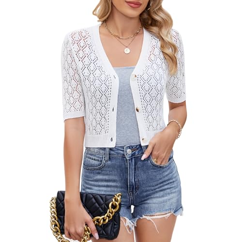 Women's Short Sleeve V Neck Cardigans Sweaters Open Front Knit Crochet Button Down Bolero Shrugs Tops Summer Shirts