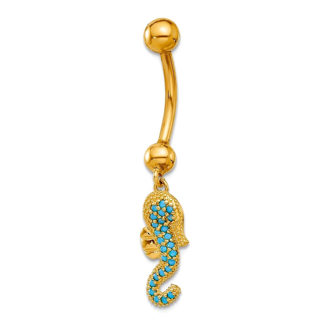 Bauchnabelpiercing aus 14 Karat Gold, 14 Gauge, polierter blauer Zirkonia, simulierter Diamant, Seepferdchen, religiöser Schutzengel, Bauchnabelring, 37 mm lang, Schmuck für Damen, One Size, Zirkonia