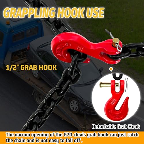 Image of 1 /2 inch Tow Chain,16FT Safety Binder Chains with Clevis Grab Hooks,12,000 Lbs Safe Working Load Heavy Duty Chain for Transporting,Towing,Logging Tie Down Binding