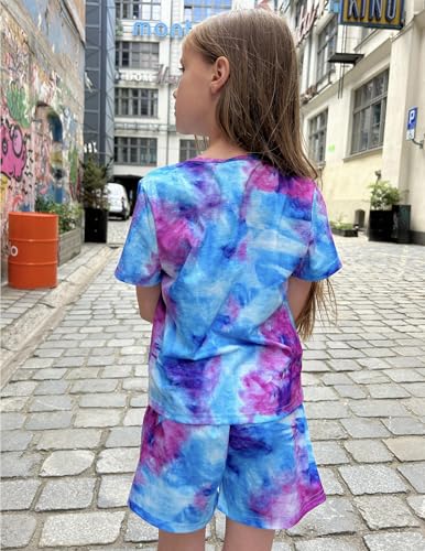 Image of Arshiner Girls Summer 2 Piece Outfits Tie Dye Short Sets Casual Twist Front Short Sleeve Tops and Pant with Pockets