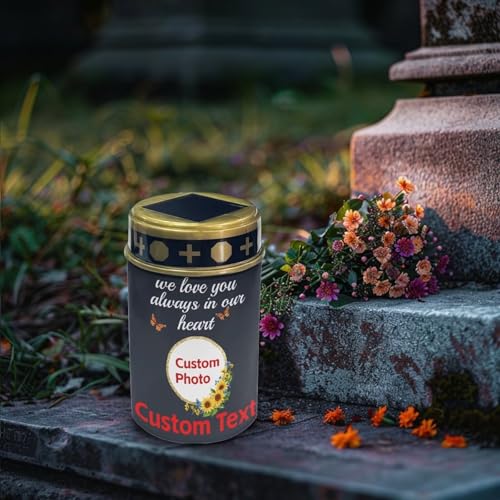 Image of Customizable Photograph Text Black Waterproof Solar Light Flameless Candle Automatic Landscape Path Light Outdoor Grave Decor