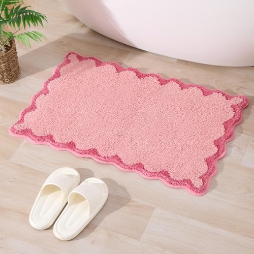 ORTIGIA Small Pink Scalloped Bath Mat Cute Plush Microfiber Scallop Bathroom Rugs Non Slip Washable Quick Dry Absorbent Bathmat Carpet for Shower Stall Vanities Kitchen Floor Entrance 17x24