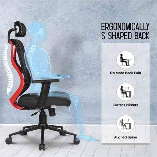 Image of Da URBAN Merlion Office Chair,High Back Mesh Ergonomic Home Office Desk Chair with 3 Years Warranty, Adjustable Armrests,Adjustable Lumbar Support,Tilt Lock Mechanism (Red)