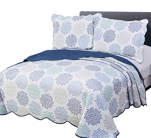 vivinna home textile Disperse Printing Quilt Set Queen/Full Size(90'x90' Blue Florencia) 3-Piece Bedspread Soft All-Season Luxury Microfiber Reversible Bedspread and Coverlet.