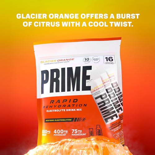 Image of PRIME Rapid Rehydration Electrolyte Powder Sticks, Glacier Orange, Sugar Free Hydration Drink Mix with Sodium, Potassium, Magnesium & B Vitamins to Replenish Fluids, Caffeine Free, 16 Count