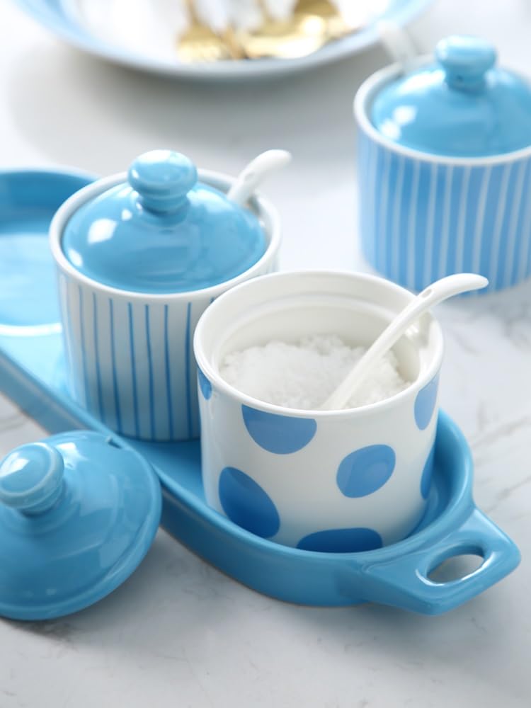 Salero Y Azucarero Cocina Juego De Recipientes Para Condimentos, Recipiente Para Especias, Bote Cerámica Para Con Cuchara Y Tapa, Caja Para Cocina Caja De Almacenamiento(F)