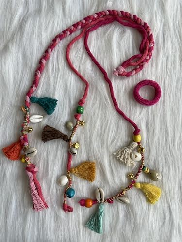 Image of Zippy Flora Handmade Boho Colorful Hair Strings | Navratri & Ethnic Festive Hair Accessories | Vibrant Pink Braided Thread Hairband & Hair Extensions for Women & Girls | Bohemian Styling Hair Jewelry