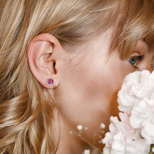 Pink Birthstone Stud Earrings For Women Wife, 18K White Gold Plated S925 Sterling Silver Halo Round Cut Gemstone Earrings Pink Corundum October Birthstone Earrings Anniversary Birthday Jewelry Gifts #TOP5
