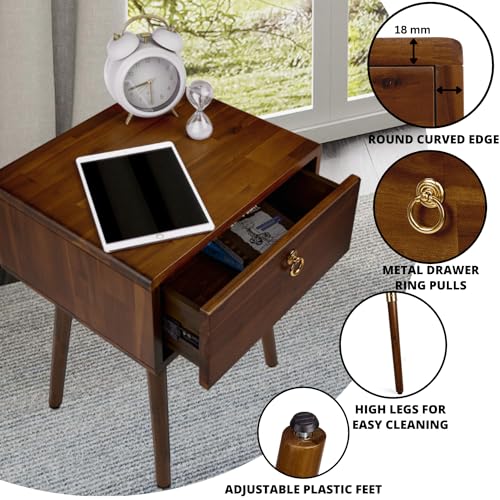 Image of Bme Caden Solid Wood Nightstand /Side Table /End Table, Fully Assembled, with 1-Drawer for Mid Century Bedroom and Living Room, Dark Chocolate