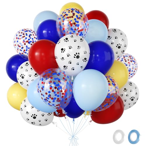 Fairymaiden Balões com impressão de pata para cão - 60 peças amarelos azuis vermelhos balão com balão metalizados, confete hélio balões de aniversário bebé shower aniversário decoração de festa, 12 polegadas