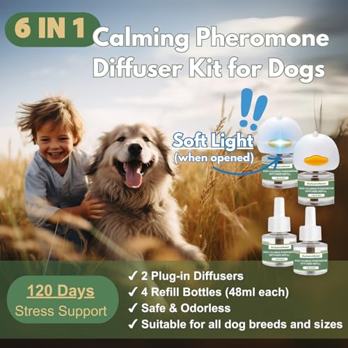 Image of Dog Pheromone Calming Diffuser Kit, Calming Diffuser for Dog (2 Plug-Ins & 4x48ml Refills) for Stress Support, Helps Reduce Barking & Aggression, 120-Day Supply (Non-Toxic, Safe & Inedible)