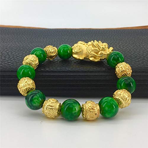 Regeek Strand Bracelets - Imitation 24K Gold Pixiu Charm Bracelet 12mm Natural Green Onyx Beads Cuff Bracelets for Men Jewelry Bring Wealth Luck