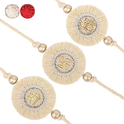 Image of MASQ by Q-One Designer Rakhi Combo Set with Roli Chawal & Moli for Men (Pack of 3) | Embroidered Handcrafted Raksha Bandhan Bracelet for Brother