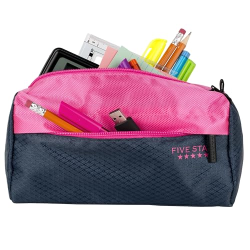 Image of Five Star Pencil Pouch, Pen Case, 9-Pocket Zipper Pouch, Storage Organizer for School Supplies Earbuds Chargers Cables Makeup, Navy /Pink (505600B-ECM)