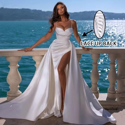 Sweep Train Prom Dresses 2024 with Spaghetti Straps Satin Slit Mermaid Long Ball Gowns Fomal Evening Dresses for Women Black US8 - Thumbnail 5