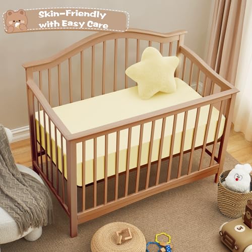 Image of Vonty 2 Pack Breathable Fitted Crib Sheet for Boys and Girls - Rayon Derived from Bamboo, White & Beige Crib Sheets Neutral Crib Mattress Sheet Organic Crib Sheets for Baby(52 inch x 28 inch)