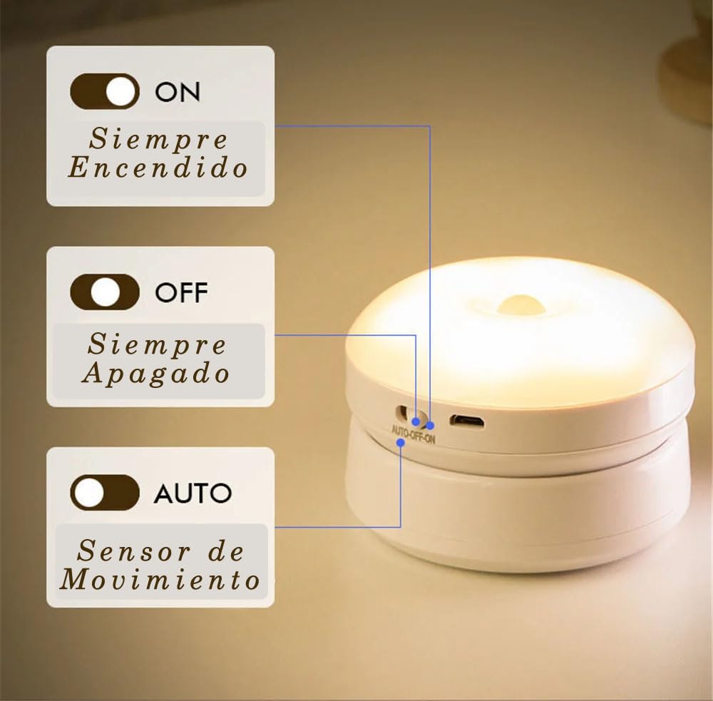 Luz Nocturna con Sensor de Movimiento (2 Piezas) Luz Nocturna Infantil Regulable (AUTO-OFF-ON), Luz de Noche Blanco Cálido para Armario, Pasillo, Escalera, Habitación (360 Grados 2 piezas)