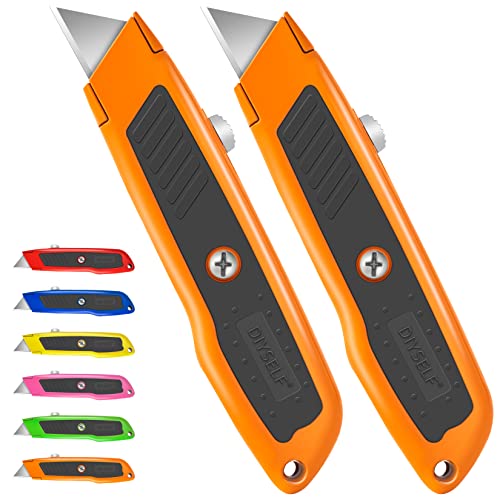 Image of DIYSELF 2 Pack Utility Knife, Heavy Duty Box Cutter Retractable Knife, Aluminum Alloy & Rubber Handle, Razor Knife Carpet Cutter, Box Opener for Warehouse, Shop, Cardboard (Orange)